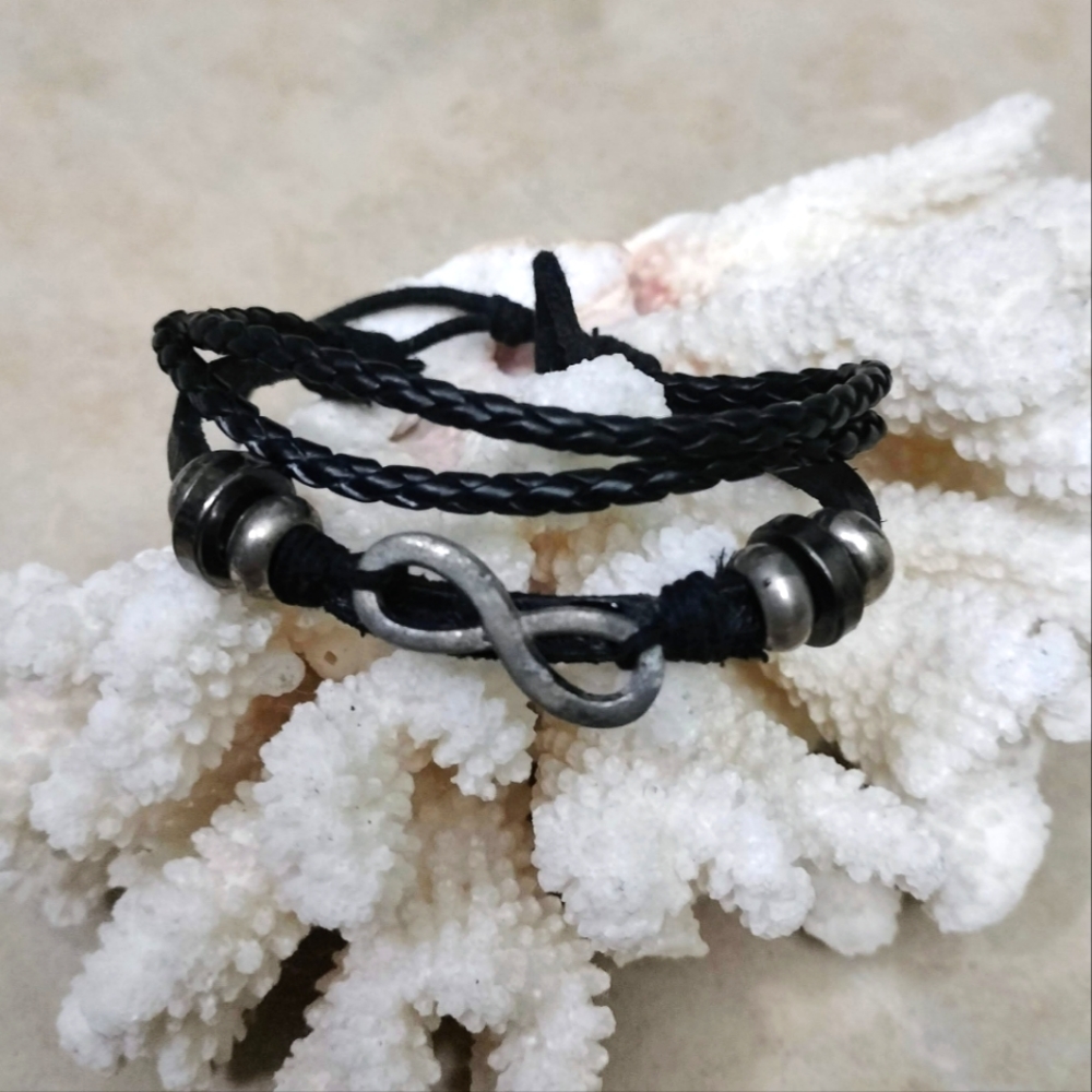 Unisex Multilayer Black & Silver Leather Braided Bracelet